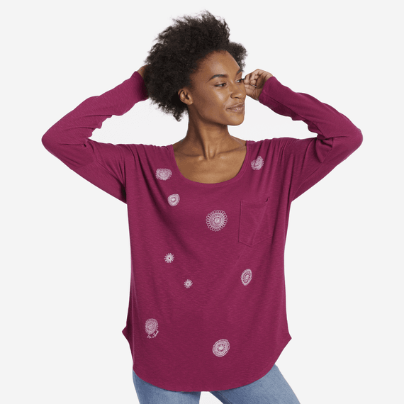 Women's Primal Scattered Flowers Carefree Long Sleeve Pocket Tee Women's Primal Scattered Flowers Carefree Long Sleeve Pocket Tee