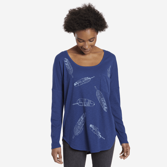 Women's Primal Scattered Leaves Carefree Long Sleeve Pocket Tee Women's Primal Scattered Leaves Carefree Long Sleeve Pocket Tee