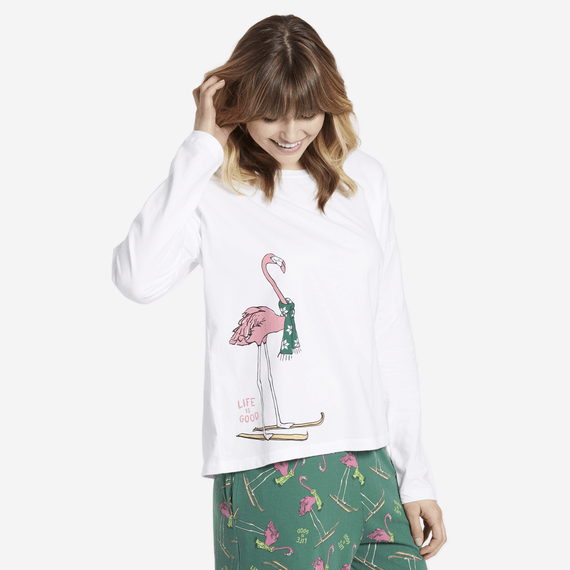 Women's Skiing Flamingo Snuggle Up Long Sleeve Sleep Tee Women's Skiing Flamingo Snuggle Up Long Sleeve Sleep Tee
